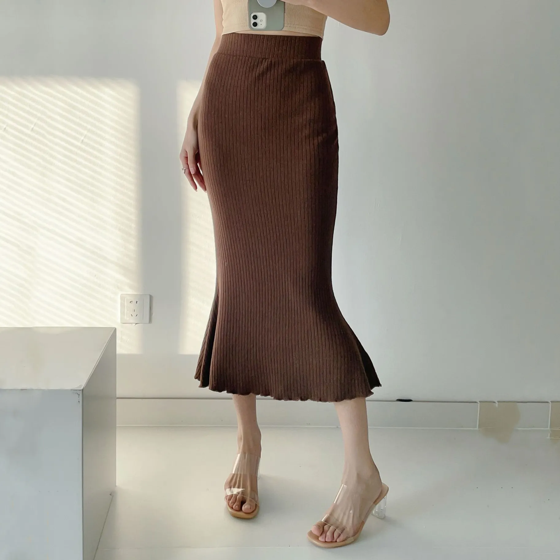 High Quality Fall Casual Woman Office Knit Ribbed Midi Long Pencil Skirt Pleated