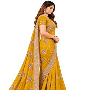 Vexotrend Emerald <b>Velvet</b> Satin <b>Saree</b> Floral Embroidery Border Women Traditional Wedding Wear India Pakistan Style Wrinkle Free - Product Image 1