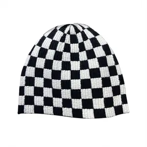 CL404 한국어 버전 바둑판 니트 모자 겨울 흑백 격자 무늬 양모 모자 가을 여성 비니 모자