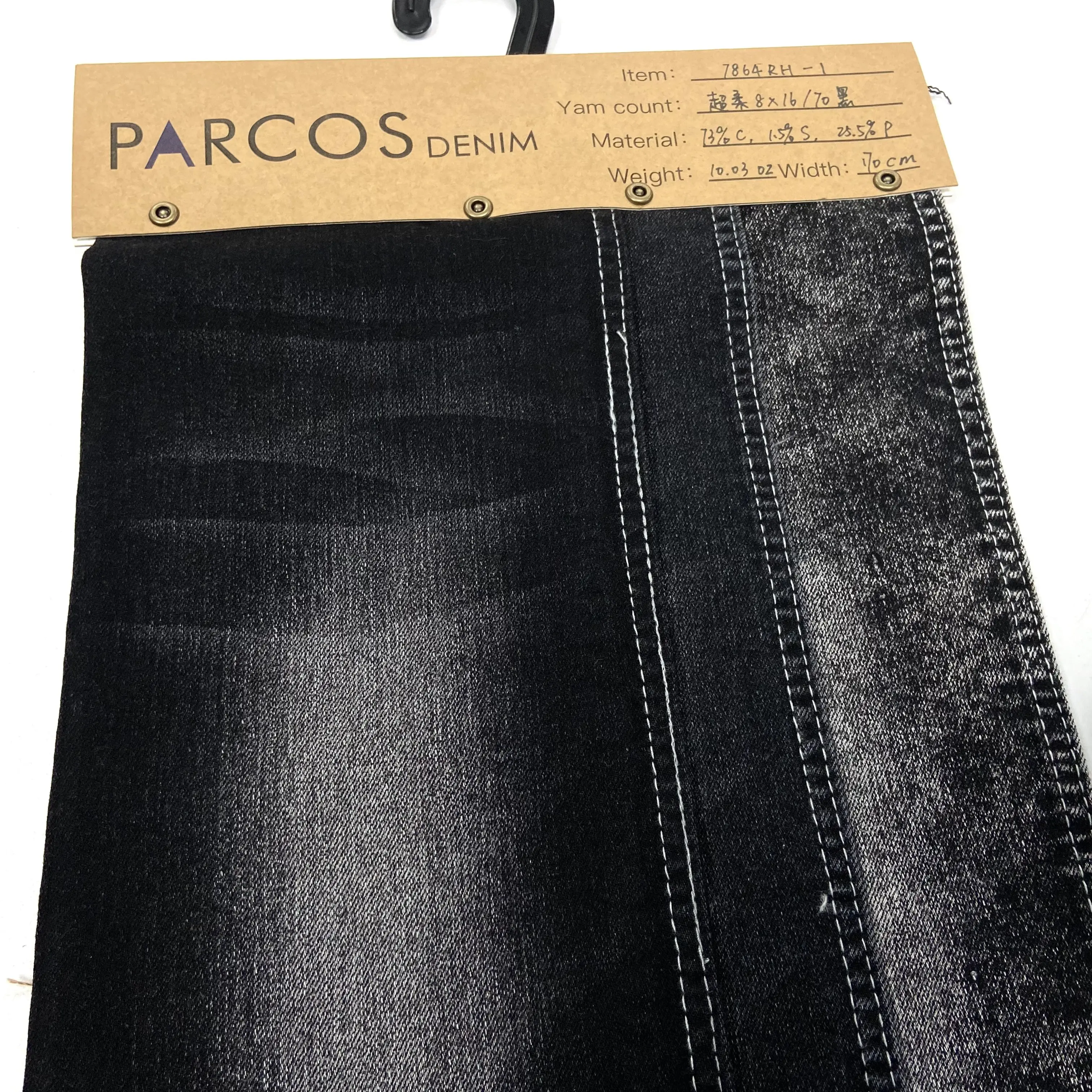 Preço barato Black Back Satin Elastic Pants Denim Stock Fabrics Denim Jeans Tecido Material