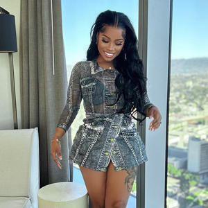 New Fashion Casual Fall Autumn Spring Long Sleeve Sexy Club 2 Piece Set Full Print Mesh Women Two Piece Mini Skirt Set <strong>Outfits</strong> - Product Image 1