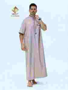 Al Haramain <b>Men</b> <b>Thobe</b> Short Sleeve Stand Collar Floor Length Cotton Prayer Wear Modest Style Solid Color Loose Fit - Product Image 2