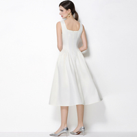 Elegante Vestido Midi Sin Mangas con Cuello Cuadrado y Decoración de Pedrería para Mujer, Color Blanco, Estilo Hepburn, para Primavera y Otoño