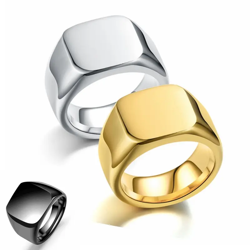 Anillo llano de luz cuadrada con logotipo de titanio de acero inoxidable para hombre Retro personalizado CHRISTIAN anillo de compromiso de moda geométrico