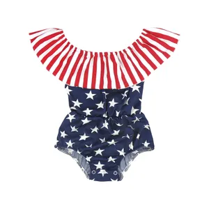 פויו יום העצמאות קיץ ילדה שזה עתה נולדה בגד גוף כוכב פסים הדפסת שמלת גב בגדי תינוקות לפסטיבל