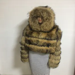 Ladys Fashion Raccoon Fur With Hood Coat Hot Selling