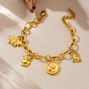 Fashion Charm Bracelet 18K Gold Plated Stainless Steel Animal Owl Bee Ladybug Rose Pendant Women's Jewelry Gift - Product Image 2