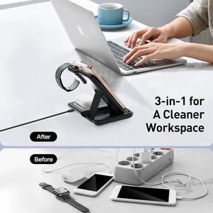 Estación de Carga Inalámbrica 3 en 1 Plegable con <span class=keywords><strong>Cargador</strong></span> Rápido para <span class=keywords><strong>iPhone</strong></span>/iWatch/Airpods, Puerto Tipo-<span class=keywords><strong>C</strong></span>, Logotipo Personalizado, Venta al Por Mayor OEM - Product Image 4