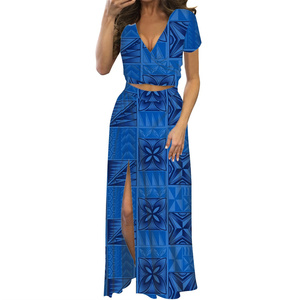 Verde polinesio Tribal Tapa ropa elegante hibisco flores mujeres Maxi vestido verano manga corta cuello en V vestido estampado bajo demanda - Product Image 2