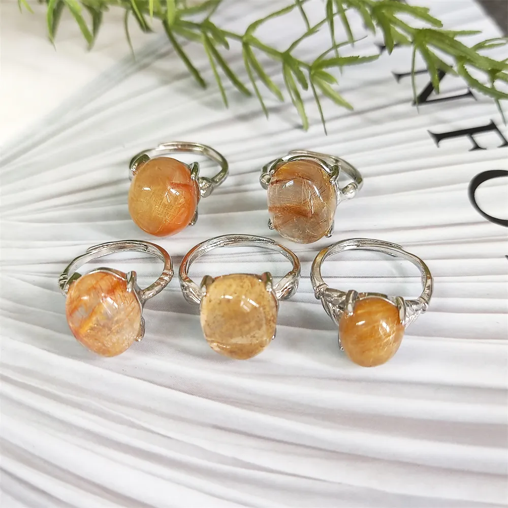 YASA Großhandel Fine Jewelry Pave Strass Echter Edelstein Gold Rutil Quarz Ring Versilbert Oval Golden Hair Crystal Ring