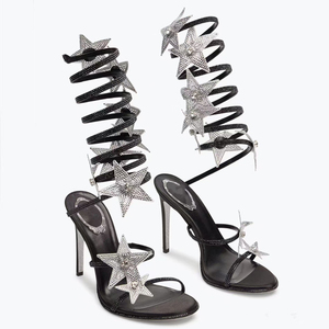 Ankle Wrap Cross <b>Long</b> Straps Women's Bling Stars Shoes High Heels Sexy Big Size 46 Dress Wide Fit Sandals Stiletto - Product Image 6