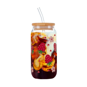 Taza de vidrio de fresa de 16oz con tapa de bambú y pajita, vasos transparentes resistentes al calor para beber agua, tazas de café ecológicas - Product Image 6