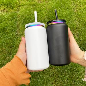 Gobelet isotherme double paroi 16 oz pour boissons chaudes et froides, avec revêtement arc-en-ciel, couvercles en plastique PP et paille - Product Image 4
