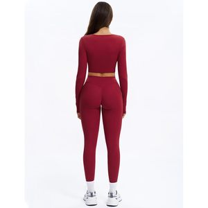 Women 2 Piece Workout <b>Set</b> <b>Square</b> Neck Long Sleeve Crop Top Tummy Control Leggings Yoga Outfits Four Way Stretch Ruched Design - Product Image 3