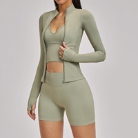 Ensemble de yoga sans couture 3 pièces : soutien-gorge de sport, short taille haute à col en V, veste à manches longues – Tenue de sport ultra-élastique pour l'entraînement, la course et le fitness