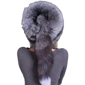 Sombrero de piel auténtica de lujo para mujer, gorros de piel de zorro de plata de Finlandia para invierno