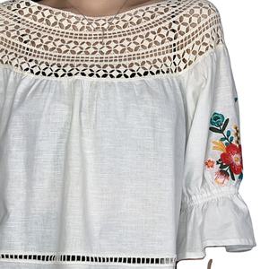 Blusa de Verano para Mujer, Nueva, Informal, de Algodón y Lino, con Bordado, Encaje Blanco, Manga Corta, Estampado Floral, Cuello Redondo, Talla XS - Product Image 3