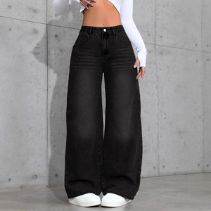 <span class=keywords><strong>Jean</strong></span> droit en denim <span class=keywords><strong>taille</strong></span> mi-<span class=keywords><strong>haute</strong></span> haut de gamme décontracté pour <span class=keywords><strong>femme</strong></span> noire, collection printemps-été - Product Image 1
