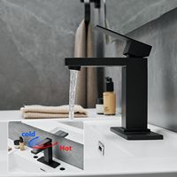 Robinet de lavabo noir mat à poignée unique, à poser sur le comptoir, avec siphon céramique escamotable, flexibles d'alimentation, design carré moderne, 2 trous