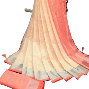 Beautiful Original linen small checks with Jari Border Blue And White Contra double color Saree with Fancy Blouse For Women