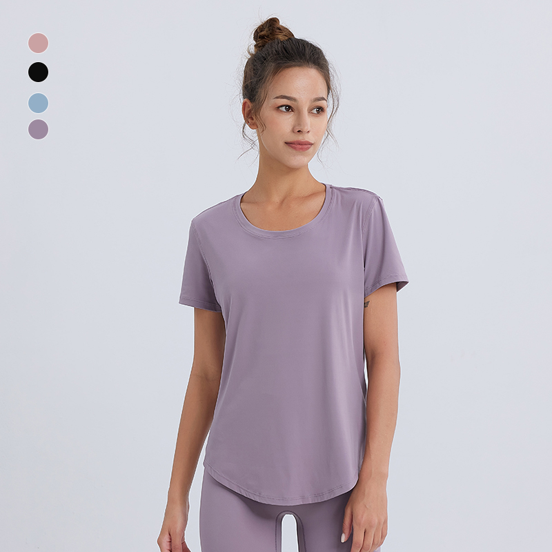 Women's Spring Summer Yoga Top Solid-Color Short-Sleeved T-Shirt Loose & Breathable Fitness Sports Running Compression T-Shirt