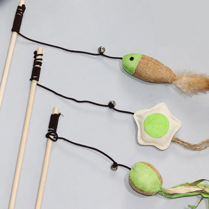 Sypet <b>Cat</b> Teaser Stick With Bell And Feather <b>Toy</b> <b>Interactive</b> Wooden Rod For <b>Cats</b> Boredom Buster Cartoon Style - Product Image 4