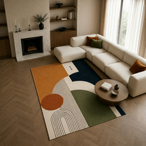 Tapis en laine tufté à la main pour salon, style Bauhaus, moderne du milieu du siècle, orange, marine, olive, géométrique, rétro, design OEM - Product Image 1