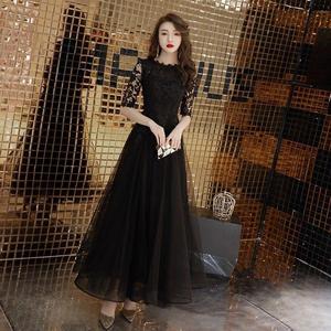 Black Chiffon A-Line Evening Dress High Neck 3D Lace Embroidery Natural Waistline For Birthday Party Graduation Annual Meeting - Product Image 2