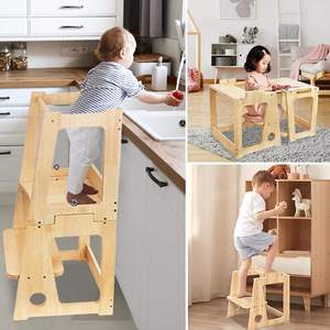 Xiair có thể gập lại nhà bếp Helper thang ghế với Slide tất cả trong một tự nhiên sơn mài Montessori Toddler học tập tháp - Product Image 4