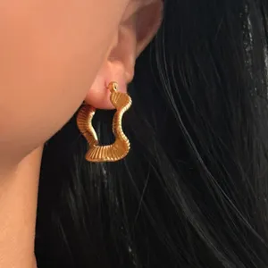 Vintage Stainless Steel Texture Earrings Tarnish Free Jewelry 18K Gold Plated Irregular Wave Hoop Earings Jewelry Women