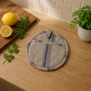 Porte-casserole rond en lin de qualité supérieure avec motif rayé bleu marine et boucle de suspension, résistant à la chaleur, pour la cuisine - Product Image 4