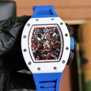RM011 style White Ceramic Tonneau Flyback Chronograph <b>Watch</b> Men Luxury Skeleton Mechanical <b>Watch</b> With Blue <b>Rubber</b> Strap - Product Image 1