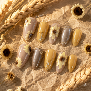 Faux ongles en amande faits à la main avec motifs floraux 3D brillants pour l'été - Product Image 4