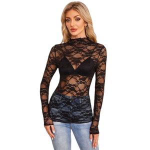 FUYI 2026 Haut en maille pour femme avec <span class=keywords><strong>dentelle</strong></span> - Style superposé sexy et tendance - T-<span class=keywords><strong>shirt</strong></span> basique décontracté à <span class=keywords><strong>manches</strong></span> <span class=keywords><strong>longues</strong></span> pour l'été - Product Image 5
