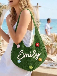 Borsa da Spiaggia Personalizzata con <span class=keywords><strong>Nome</strong></span> Ricamato, Borsa a Tracolla Traforata all'Uncinetto per Donne, Borsa Shopping Intrecciata per Vacanze al Mare - Product Image 4