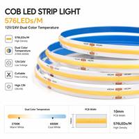 Bande lumineuse LED COB haute densité 576 LED/m, PCB 10 mm, double température de couleur, 12V 24V, CCT réglable, éclairage linéaire