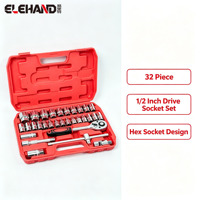 Jeu de douilles hexagonales ELEHAND 32 pièces, entraînement 1/2 pouce, acier CRV, douilles métriques avec rallonges et cliquet pour réparation automobile