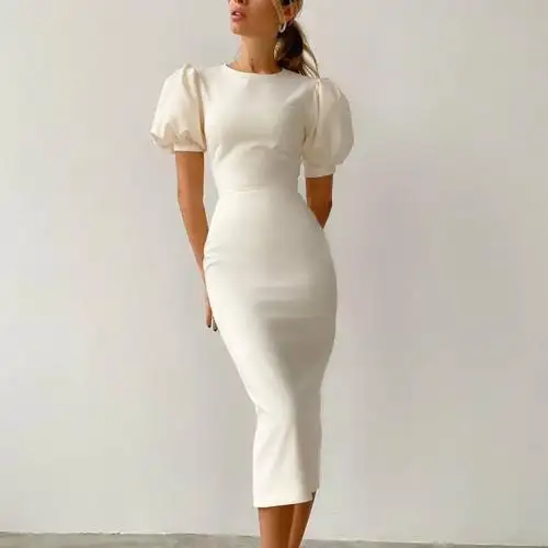 Vestido de náilon slim e de cintura alta, sexy, manga bufante, colado, midi, elegante, 647280