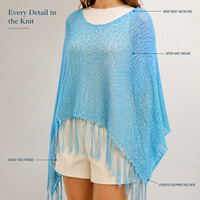 Poncho en tricot personnalisé OEM ODM pour femme, bleu clair, à franges, cache-maillot de plage, cape en tricot ajouré, ourlet asymétrique, pour l'été