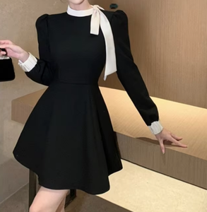 Automne nouvelle <span class=keywords><strong>robe</strong></span> à manches longues de tempérament de noeud papillon noir de grande <span class=keywords><strong>taille</strong></span> pour femmes - Product Image 3