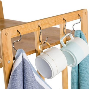 Bamboo Microwave Oven <b>Shelf</b> Double Tier With <b>Hooks</b> For Kitchen Countertop Storage - Product Image 4