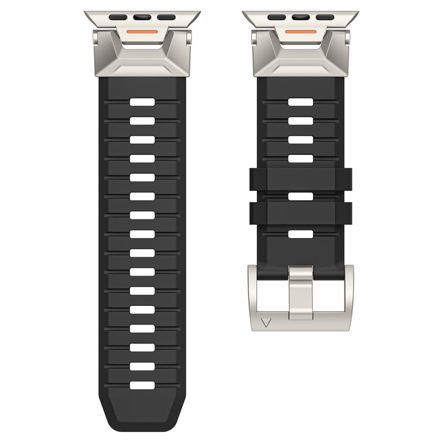 Cyberpunk Metal Mecha Style Wide Silicone Watch Band for Apple Watch Ultra 2 / Watch 10 46mm Fluororubber Replacement Strap