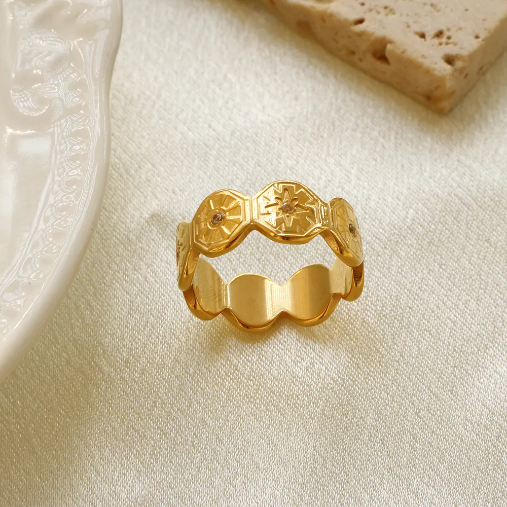 แหวนแฟนซี18K ชุบทองอ้วนแหวนนิ้วจีนโรงงาน316L เครื่องประดับสแตนเลสตา CZ แหวนหินสำหรับผู้หญิง