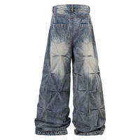 Pantalones Vaqueros Anchos Plisados al por Mayor, Fabricante OEM ODM, Estilo Vintage Lavado, con Diseño Fruncido 3D