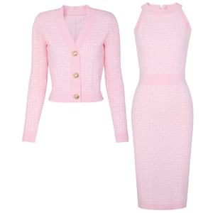 AIMEISI Hochwertiges, Sofort Verfügbares, Lässiges Und Elegantes Zweiteiliges Damen-Set Mit Gestreiftem, Ärmellosem, Langem Kleid Und Strickjacke Mit V-Ausschnitt - Product Image 1