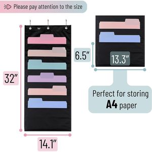 Hanging Wall File Organizer 6 Pocket Black Over Door Storage With 3 Stainless Steel Hangers For Office Home Use - Product Image 2