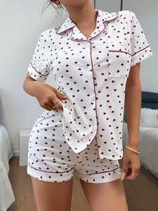 Piyama katun motif hati kancing atas celana pendek, Set piyama katun untuk pakaian tidur wanita, Set piyama elegan tidur lembut - Product Image 4