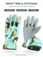 Sarung Tangan Berkebun Motif Bunga Burung untuk Wanita, Pelindung Duri di Telapak Tangan dari Suede Abu-abu, Sarung Tangan Kerja Bernapas untuk Menanam dan Memangkas di Kebun