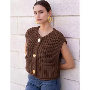 FOXA Women's Sleeveless Knit Vest Short Crop Button Front <b>Cardigan</b> <b>Sweater</b> Outer Wear 100% Acrylic Worsted Fabric - Product Image 2