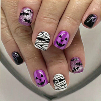 24 faux ongles carrés courts à presser pour Halloween, motif chauve-souris, toile d'araignée et citrouille